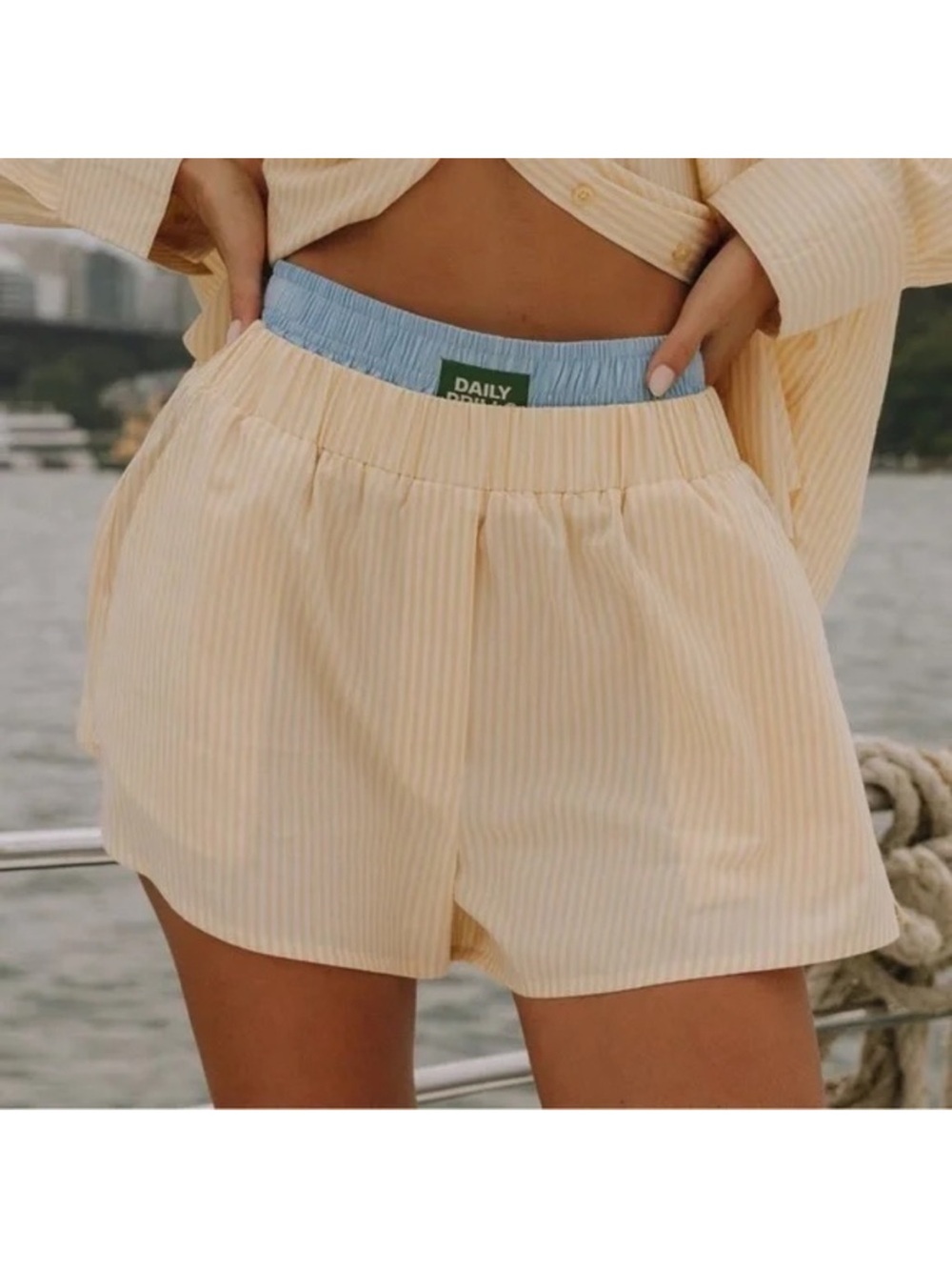 Daily Drills Cream-Striped Women’s Shorts with Blue Waistband - XS/S